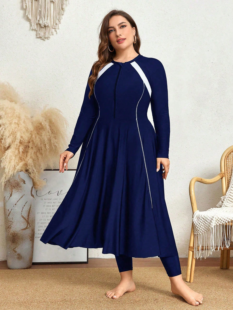 Mulvari Burkini Feminino de Manga Longa com Bloco de Cores Fashion Paolaa. Plus Size