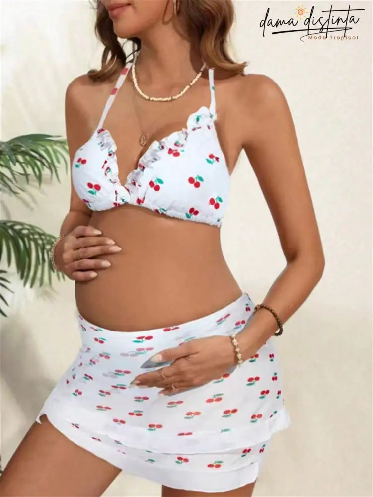 Bikini Feminino Para Gestante Decote Em V Com Babado Lily Maternidade: Conjuntos De Biquíni