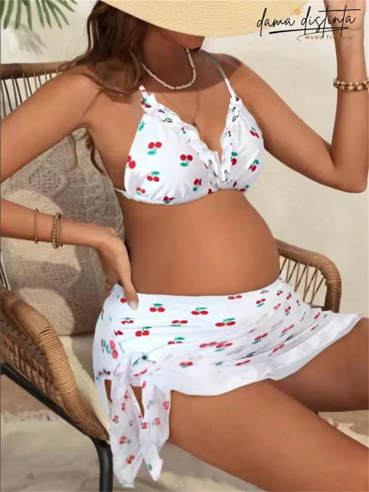 Bikini Feminino Para Gestante Decote Em V Com Babado Lily Vermelho E Branco / P (36-38)