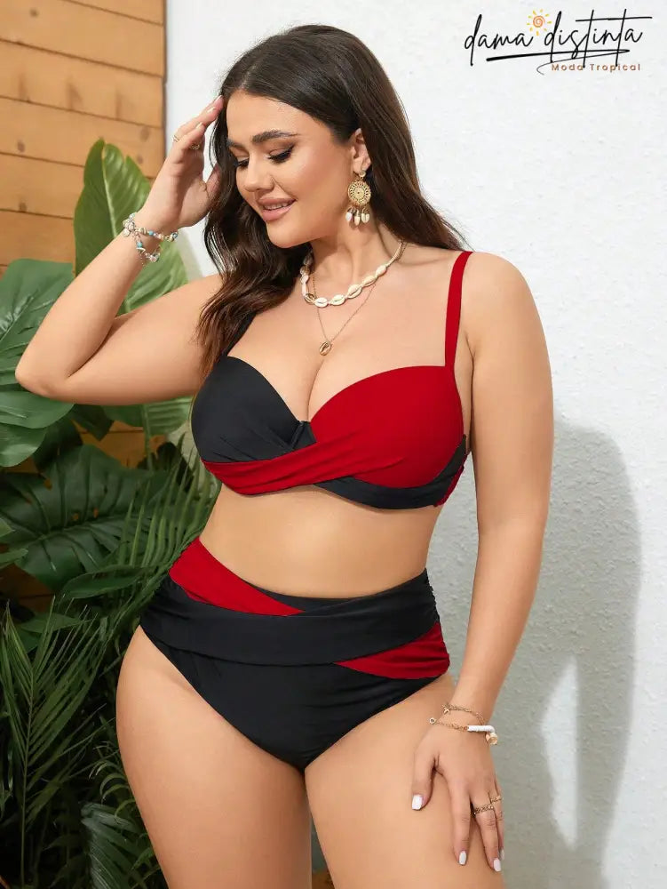 Biquini Feminino Com Bloco De Cores Estilo Cruzado Clarice. Plus Size P041 Conjunto Biquíni
