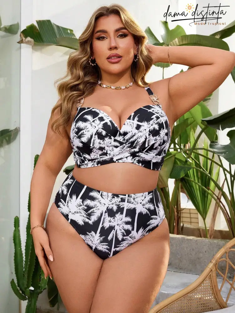 Biquíni Feminino com Estampa de Coqueiros e Cintura Alta - Paloma. Plus Size
