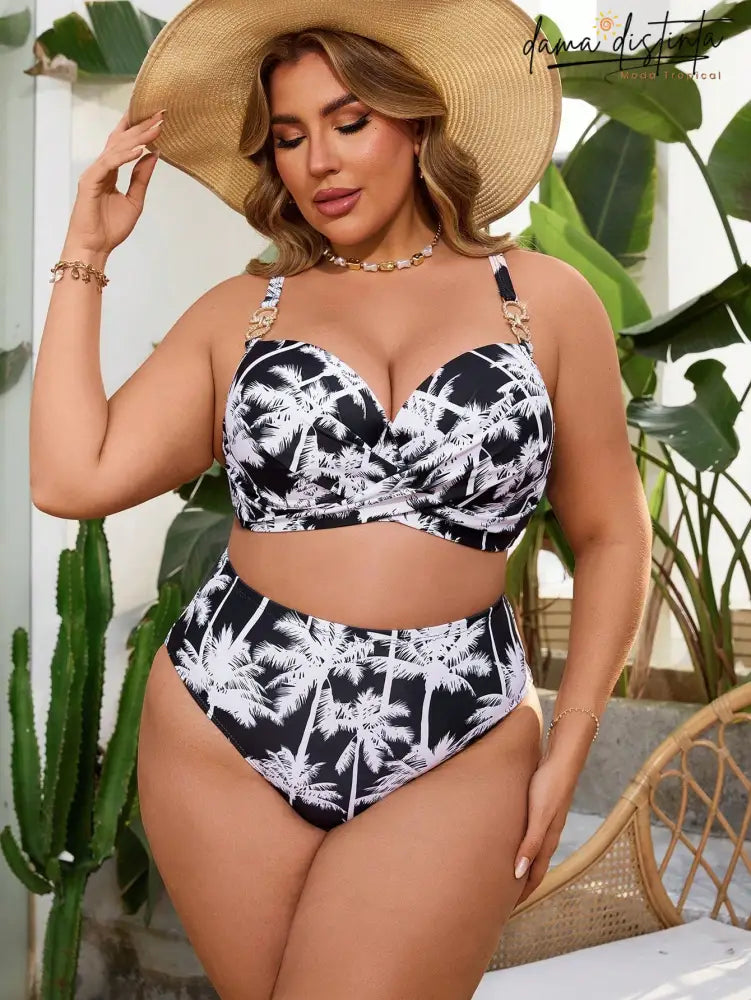 Biquíni Feminino com Estampa de Coqueiros e Cintura Alta - Paloma. Plus Size