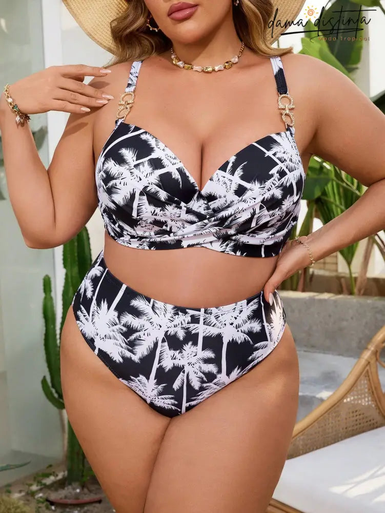 Biquíni Feminino com Estampa de Coqueiros e Cintura Alta - Paloma. Plus Size