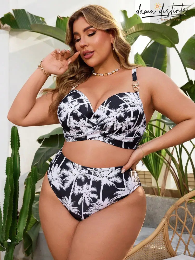 Biquíni Feminino com Estampa de Coqueiros e Cintura Alta - Paloma. Plus Size