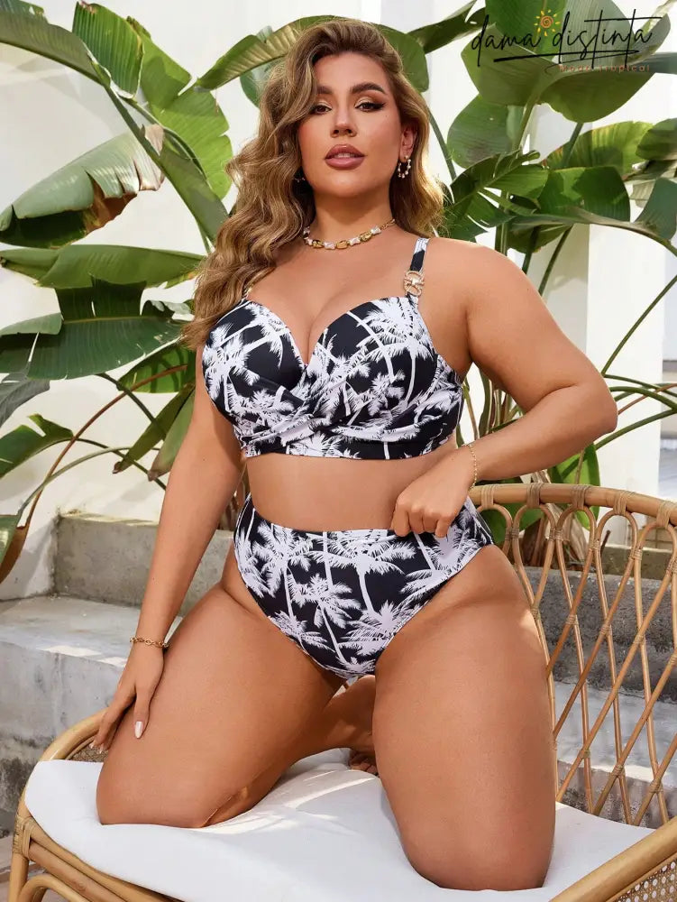 Biquíni Feminino com Estampa de Coqueiros e Cintura Alta - Paloma. Plus Size