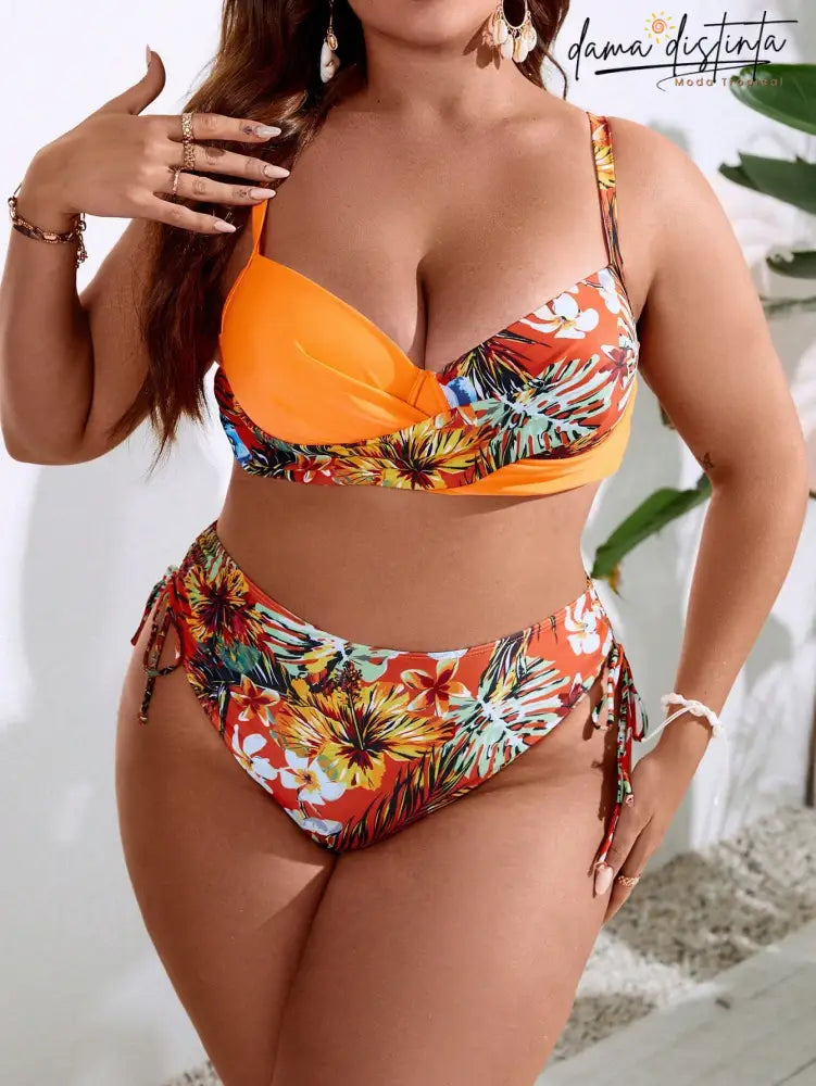 Biquíni Feminino com Estampa Floral Vibrante, Com nó lateral - Nicole. Plus Size