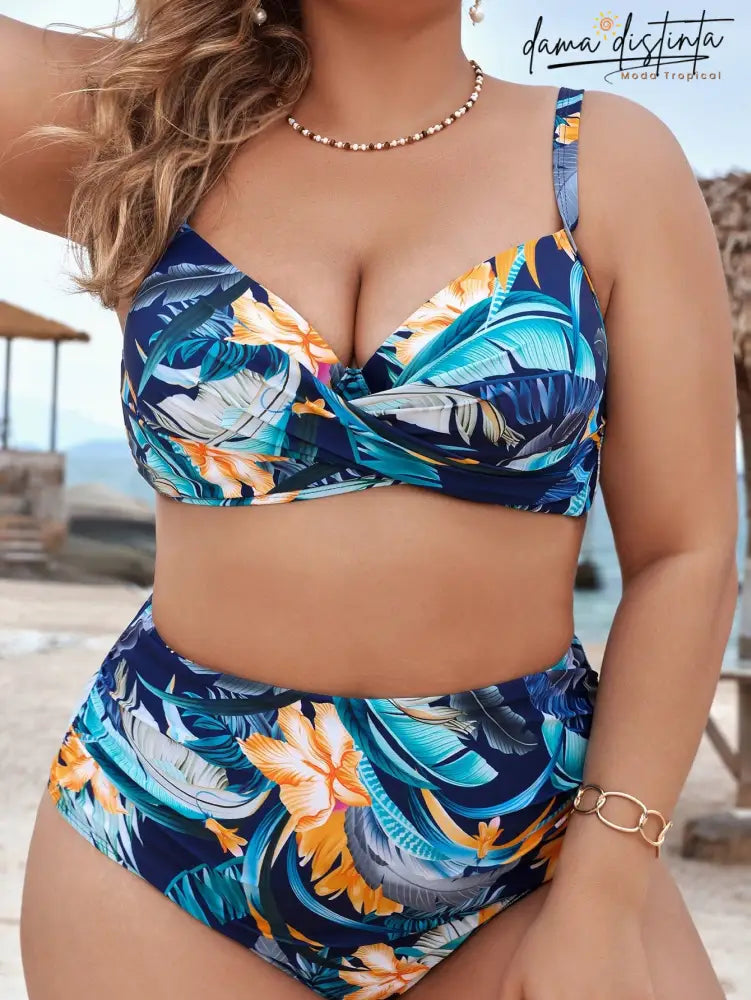 Biquíni Feminino Com Estampa Floral Vibrante Com Nó Lateral - Nicole. Plus Size B0341421 Conjunto De