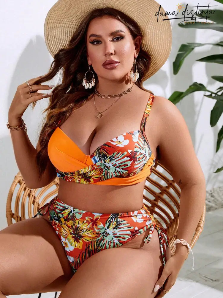 Biquíni Feminino Com Estampa Floral Vibrante Com Nó Lateral - Nicole. Plus Size B0341421 Conjunto De