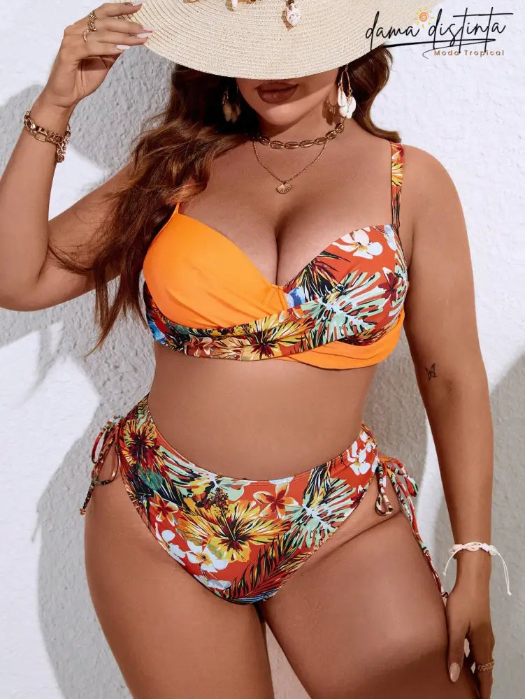 Biquíni Feminino Com Estampa Floral Vibrante Com Nó Lateral - Nicole. Plus Size B0341421 Conjunto De
