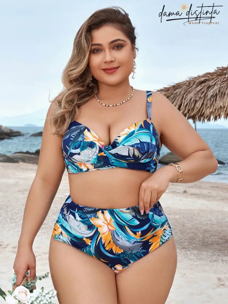 Biquíni Feminino Com Estampa Floral Vibrante Com Nó Lateral - Nicole. Plus Size B0341421 Conjunto De