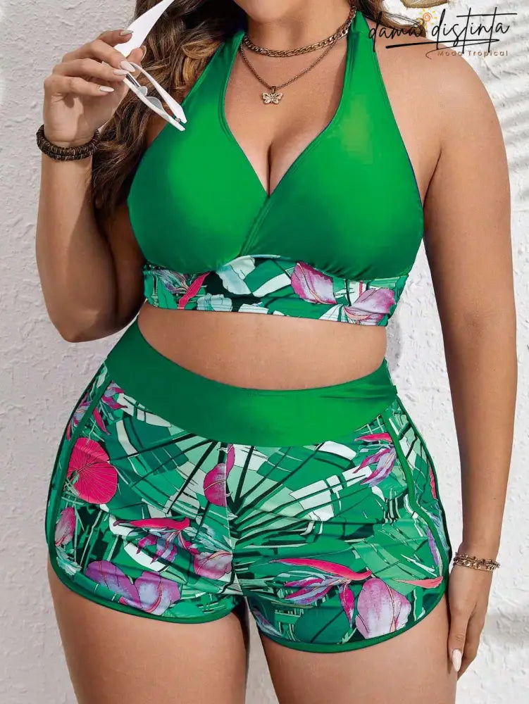 Biquíni Feminino Com Estampa Tropical Analú. Plus Size Verde / Gg(42-46) Conjunto De