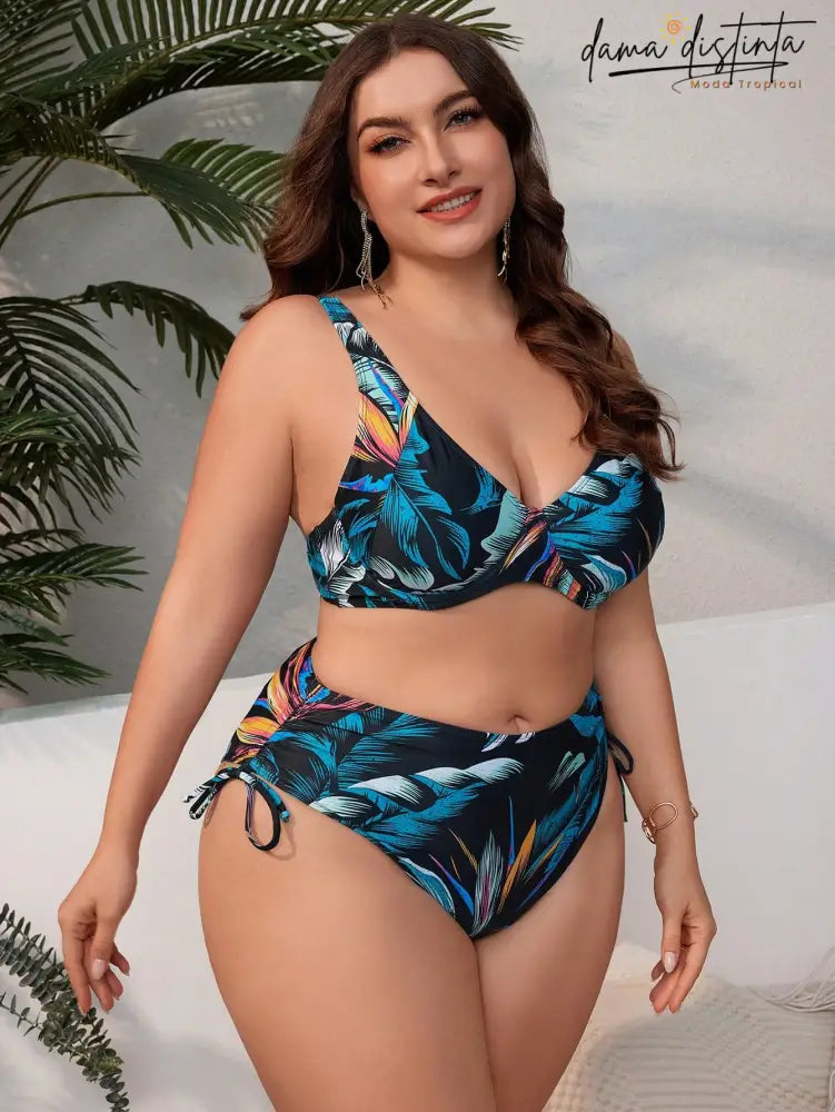 Biquíni Feminino Com Estampa Tropical E Nó Lateral - Camila. Plus Size Conjunto De