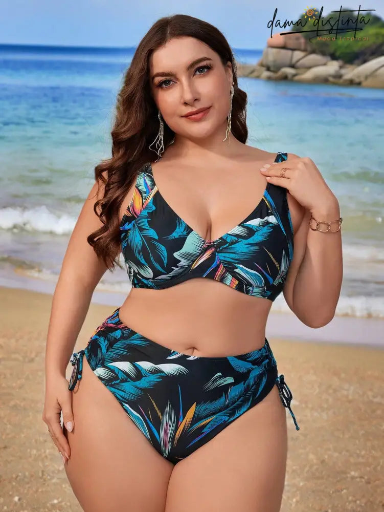 Biquíni Feminino Com Estampa Tropical E Nó Lateral - Camila. Plus Size Conjunto De