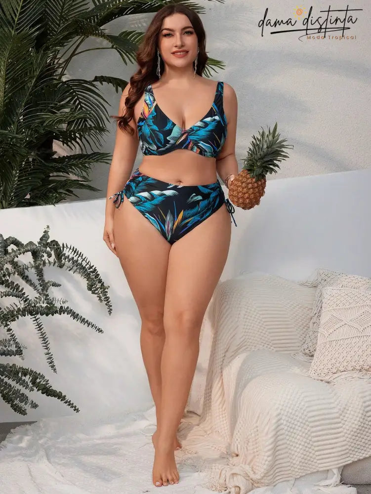 Biquíni Feminino Com Estampa Tropical E Nó Lateral - Camila. Plus Size Conjunto De