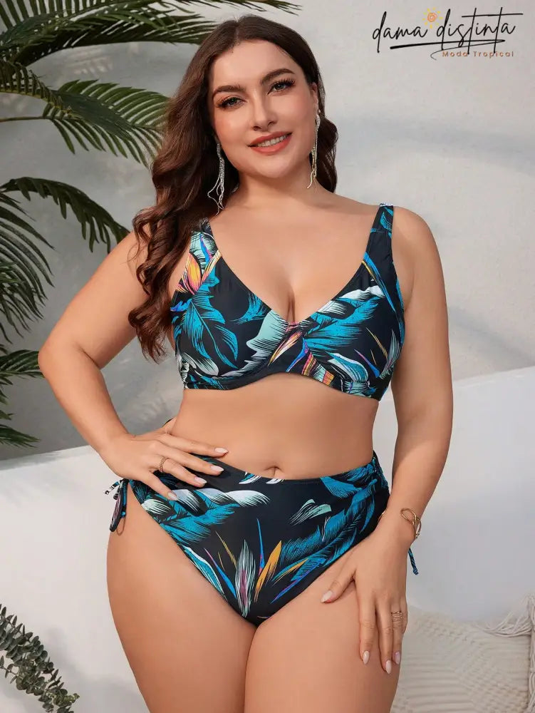 Biquíni Feminino Com Estampa Tropical E Nó Lateral - Camila. Plus Size Conjunto De