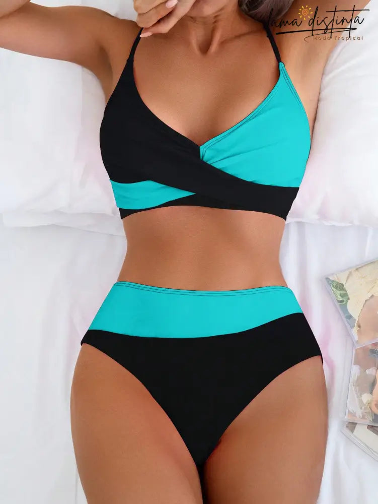 Biquíni Feminino De Cintura Alta Com Cruzado De Cores Lorena Azul E Preto / Pp (34-36) Conjunto