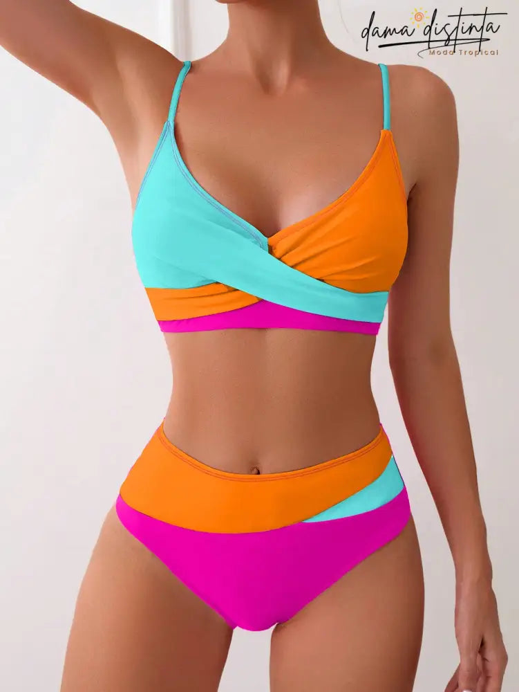 Biquíni Feminino De Cintura Alta Com Cruzado De Cores Lorena Conjunto Feminino