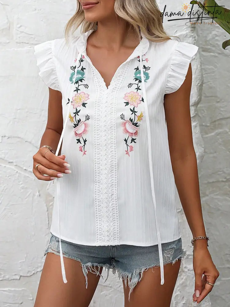 Blusa Bordado Floral Gola De Gravata Maitê B013 Camisa Feminina