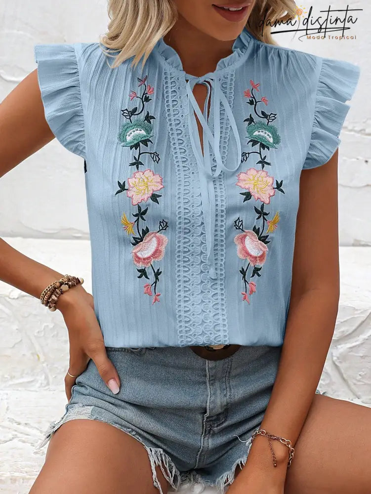 Blusa Bordado Floral Gola De Gravata Maitê B013 Camisa Feminina