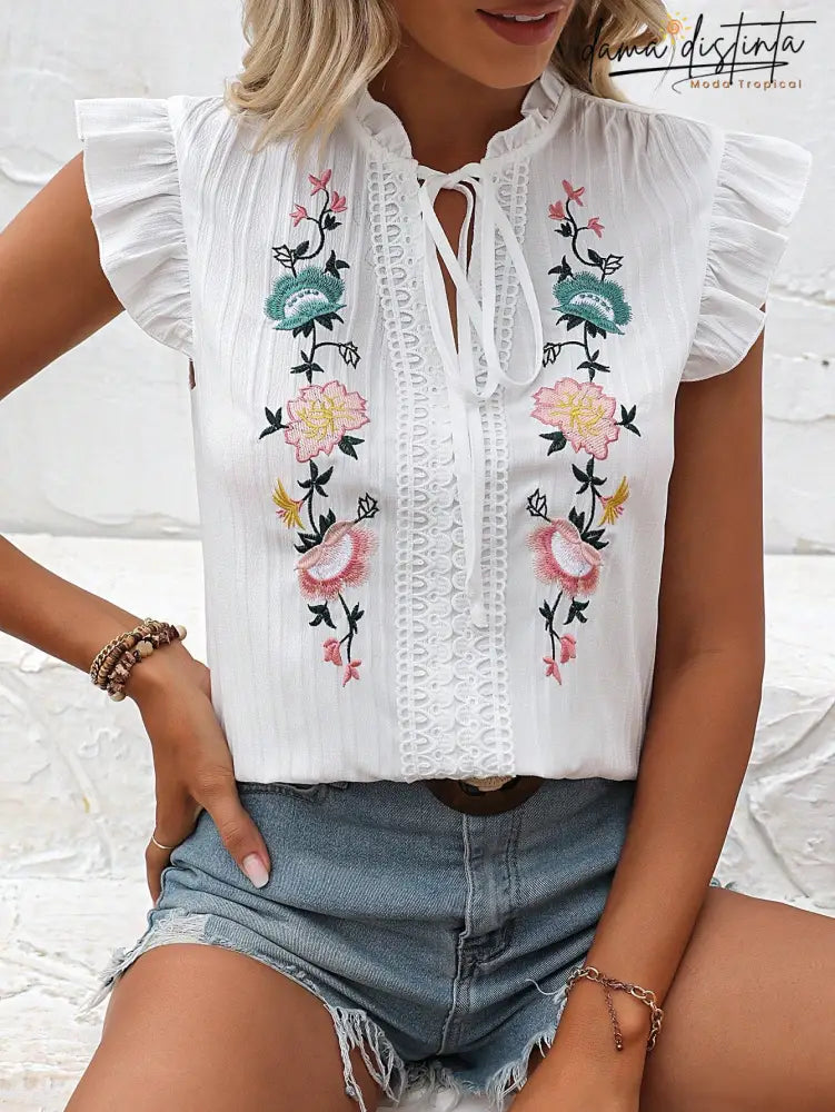 Blusa Bordado Floral Gola De Gravata Maitê B013 Camisa Feminina