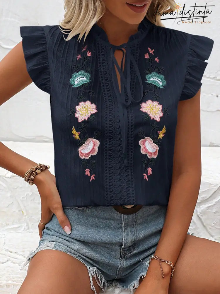 Blusa Bordado Floral Gola De Gravata Maitê B013 Camisa Feminina