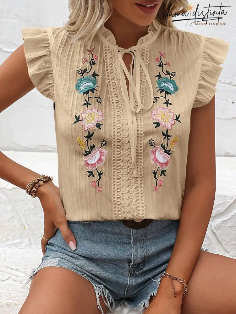 Blusa Bordado Floral Gola De Gravata Maitê B013 Camisa Feminina