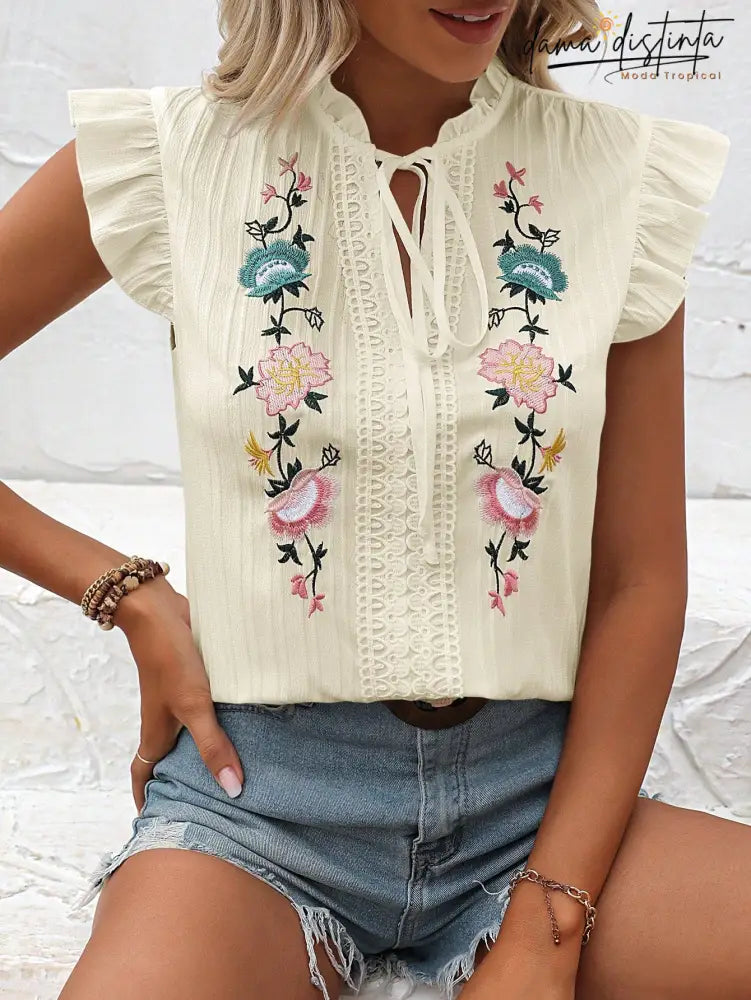 Blusa Bordado Floral Gola De Gravata Maitê Damasco / P B013 Camisa Feminina