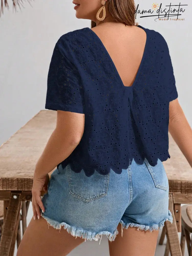 Blusa Feminina Com Decote Em V Nas Costas - Larissa. Plus Size Azul Marinho / Gg (42-46) Plus Size