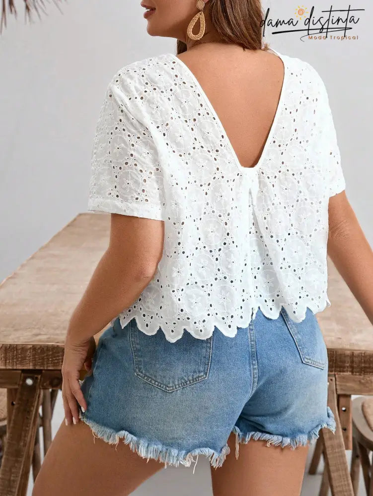 Blusa Feminina Com Decote Em V Nas Costas - Larissa. Plus Size Branco / Gg (42-46) Plus Size