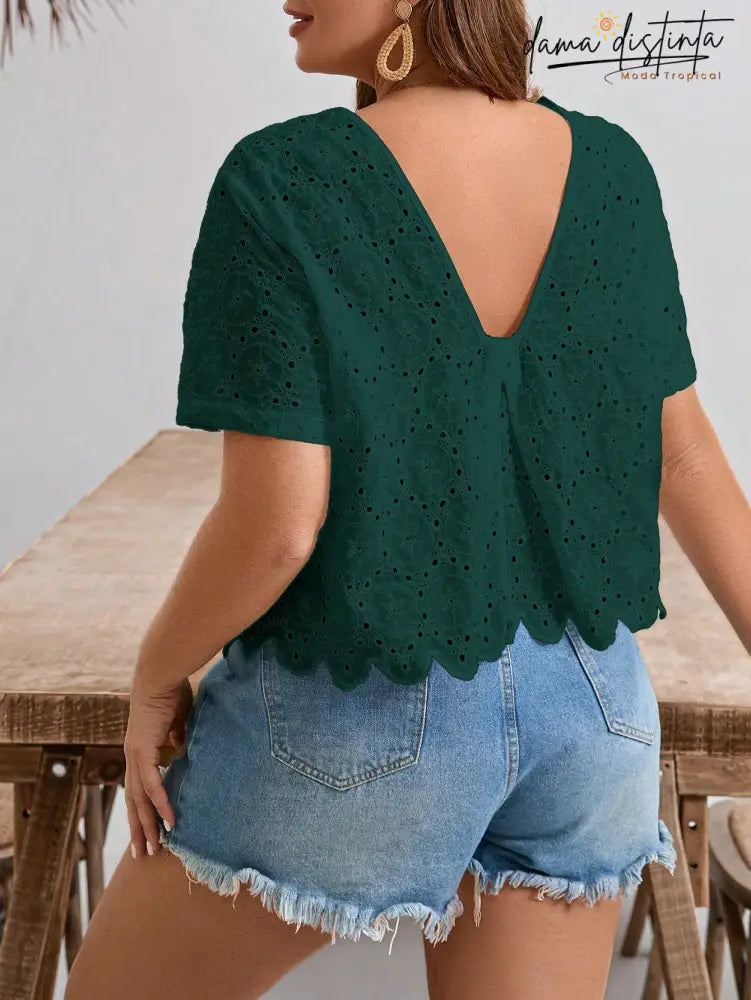 Blusa Feminina Com Decote Em V Nas Costas - Larissa. Plus Size Verde Escuro / Gg (42-46) Plus Size