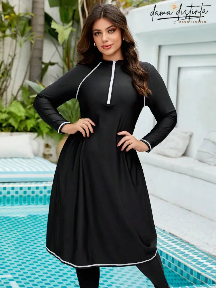 Burkini Feminino Mangas longas Gola Alta Dividida Amina. Plus Size