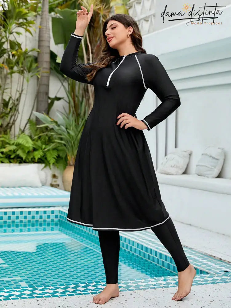 Burkini Feminino Mangas longas Gola Alta Dividida Amina. Plus Size