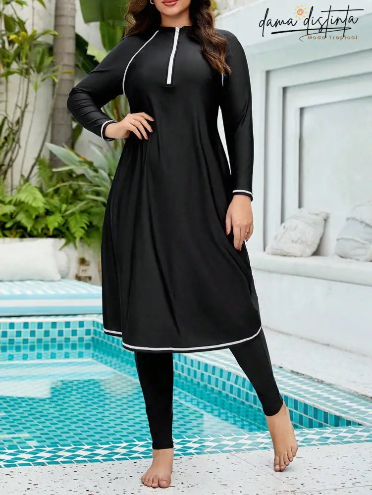 Burkini Feminino Mangas longas Gola Alta Dividida Amina. Plus Size