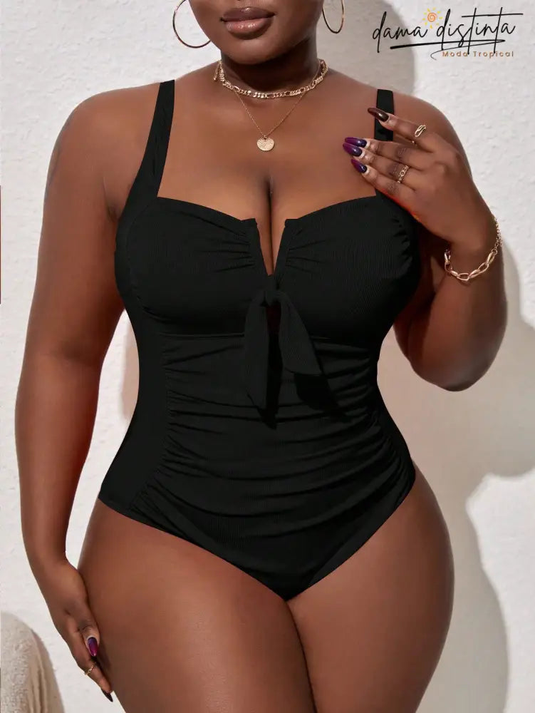 Maiô Femenino Detalhes Em V Nó Enrugado Flora. Plus Size M071 Uma Peça Size
