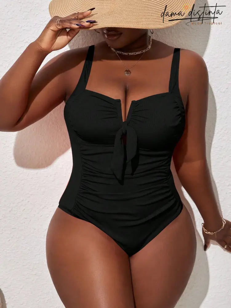 Maiô femenino Detalhes em V, Nó, Enrugado Flora. Plus size