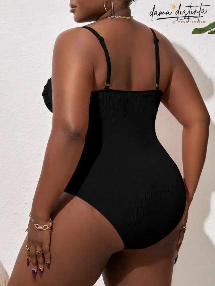 Maiô Femenino Detalhes Em V Nó Enrugado Flora. Plus Size M071 Uma Peça Size