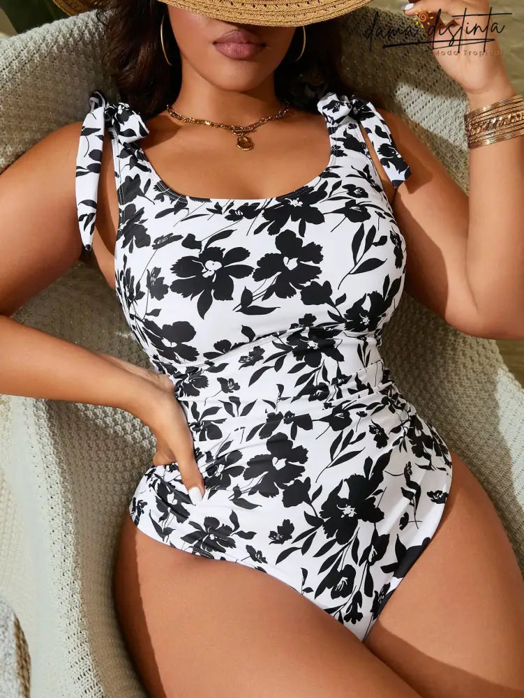 Maiô Feminino Alças Amarráveis No Ombro Magnolia. Plus Size Preto E Branco / Gg (42-46) P018 Uma