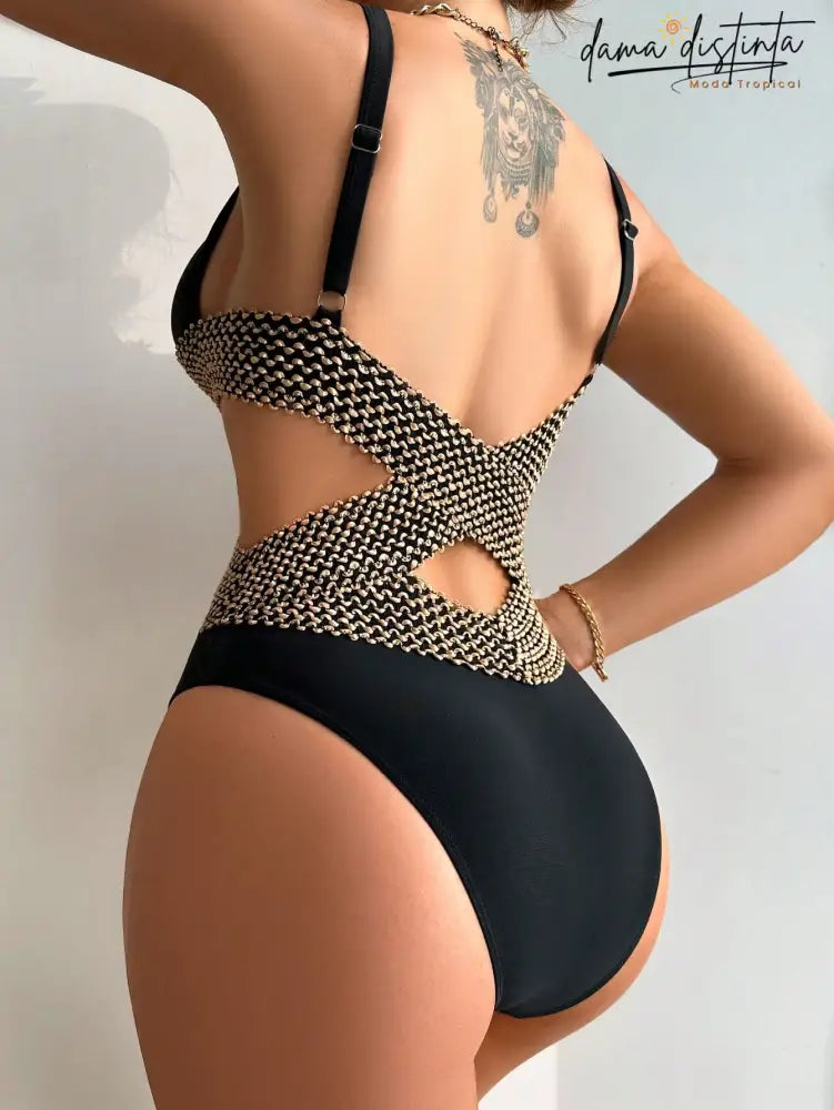 Maiô feminino com alças tecidas e design vazado Carol
