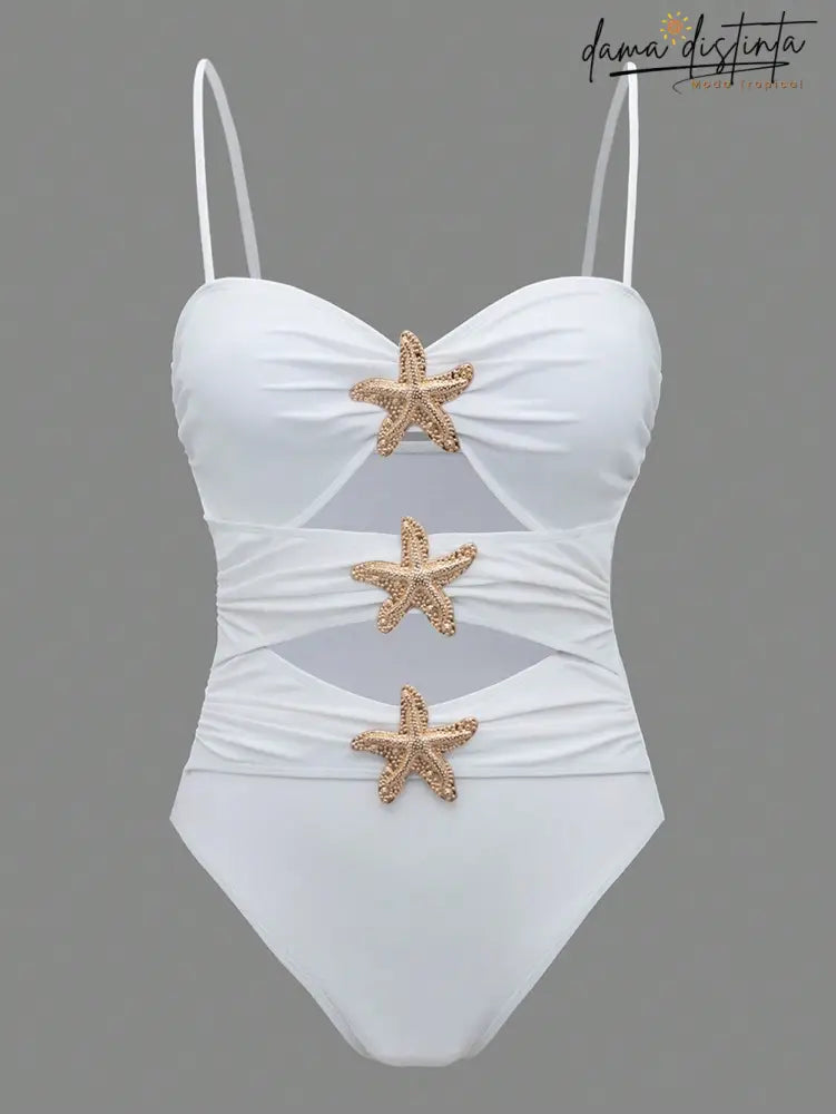 Maiô Feminino Com Apliques De Estrela Do Mar E Decote Em Mesh - Lara Feminino