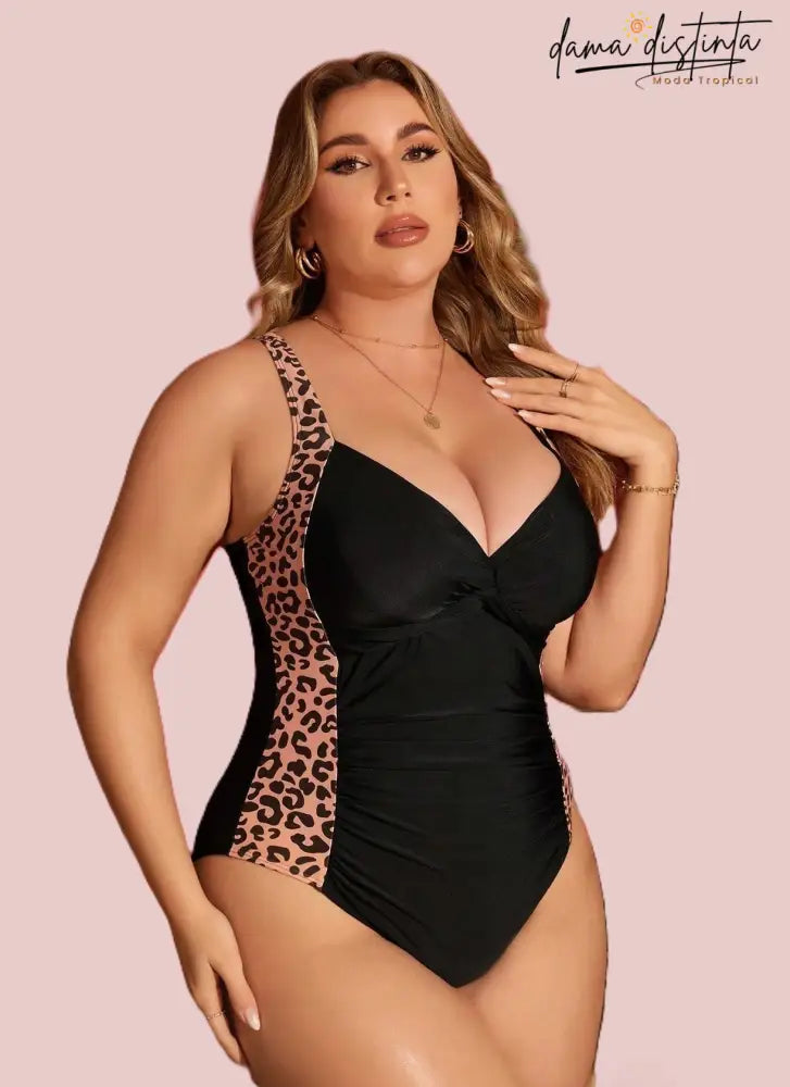 Maiô Feminino Com Estampa De Leopardo Alças Giulia. Plus Size Uma Peça