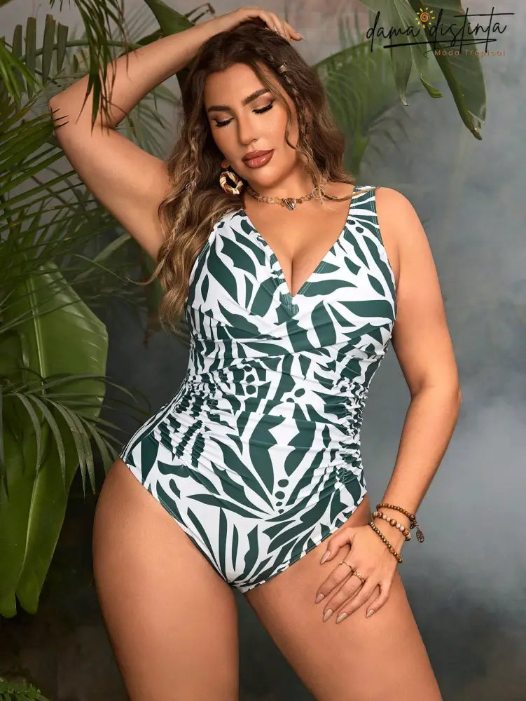 Maiô Feminino Com Estampa Tropical E Detalhe Em Decote - Fernanda. Plus Size