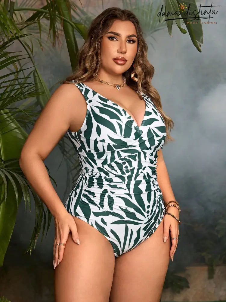 Maiô Feminino Com Estampa Tropical E Detalhe Em Decote - Fernanda. Plus Size