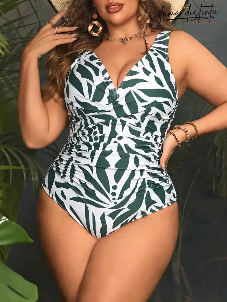 Maiô Feminino Com Estampa Tropical E Detalhe Em Decote - Fernanda. Plus Size Gg (42-46)