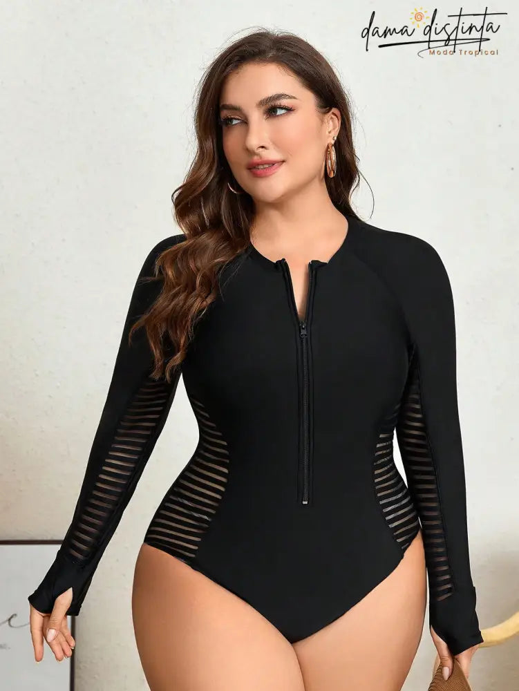 Maiô Feminino De Manga Comprida Leonice. Plus Size Gg (42-46) P033 Uma Peça