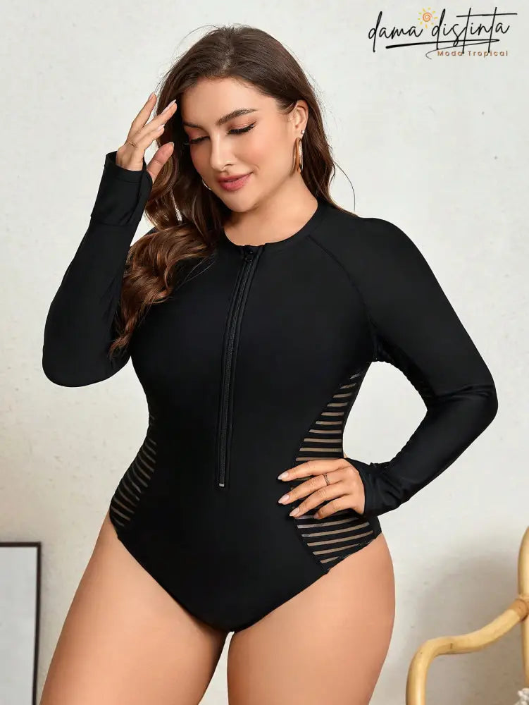 Maiô Feminino De Manga Comprida Leonice. Plus Size P033 Uma Peça