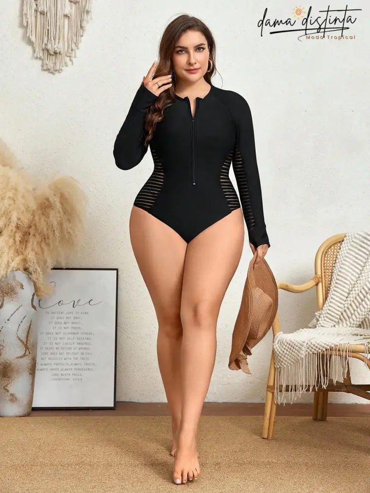 Maiô Feminino De Manga Comprida Leonice. Plus Size