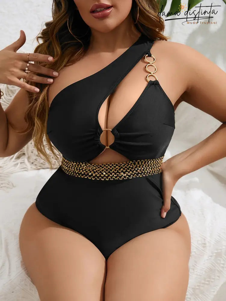 Maiô Feminino De Um Ombro Com Detalhe Em Argolas Ane. Plus Size P019 Uma Peça