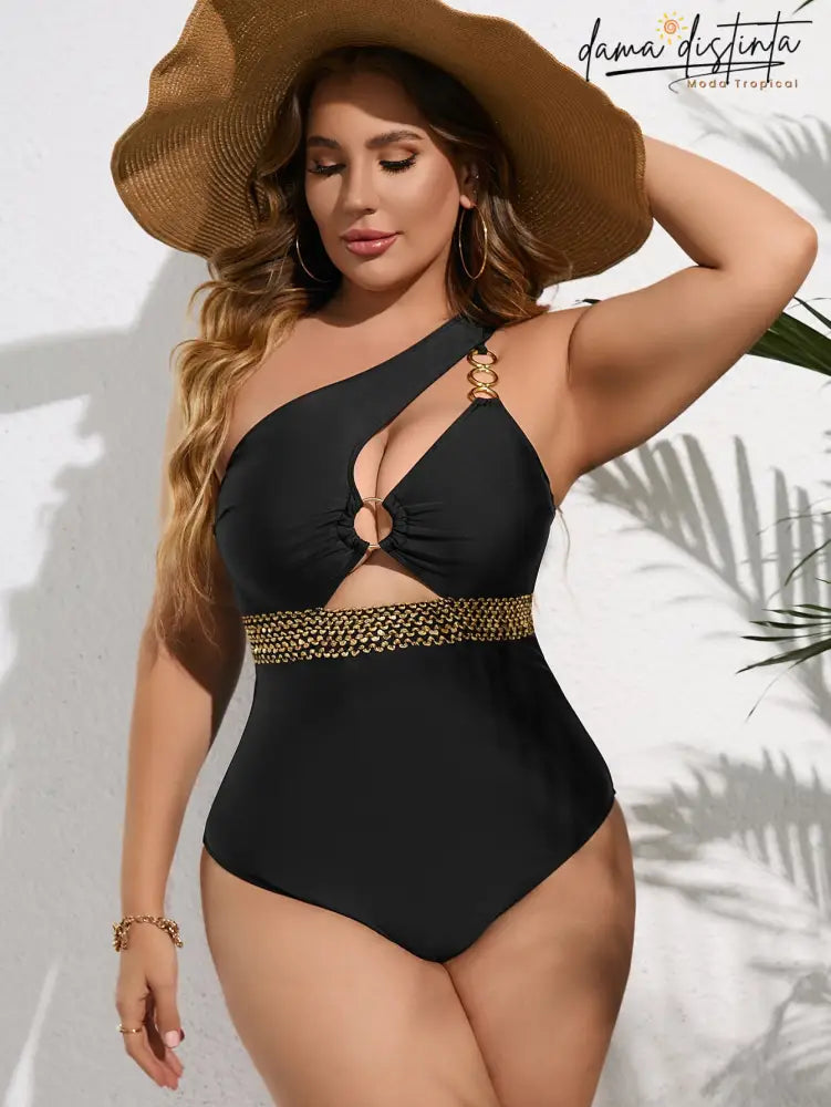 Maiô feminino de Um Ombro com detalhe em argolas Ane. Plus Size