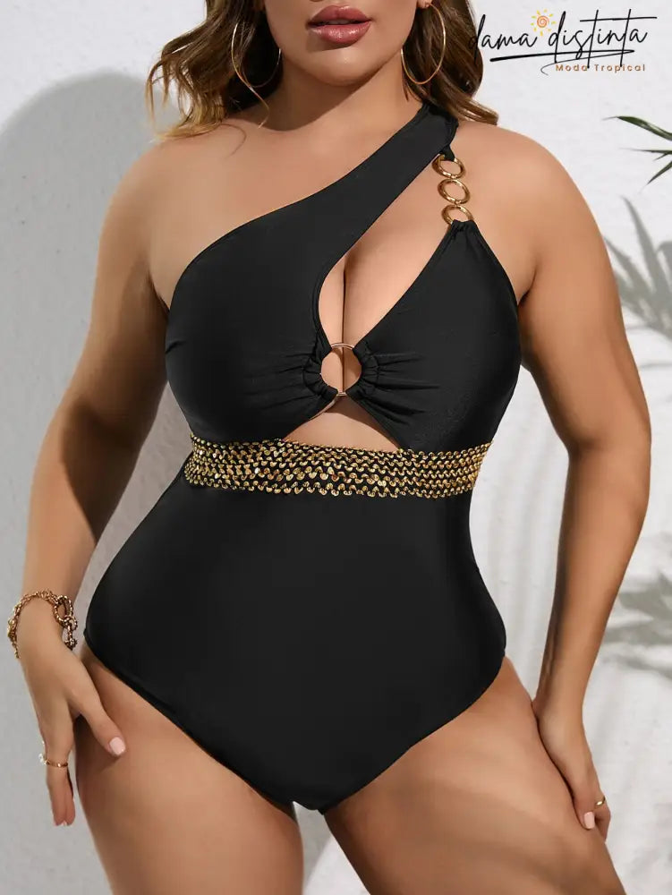 Maiô Feminino De Um Ombro Com Detalhe Em Argolas Ane. Plus Size P019 Uma Peça