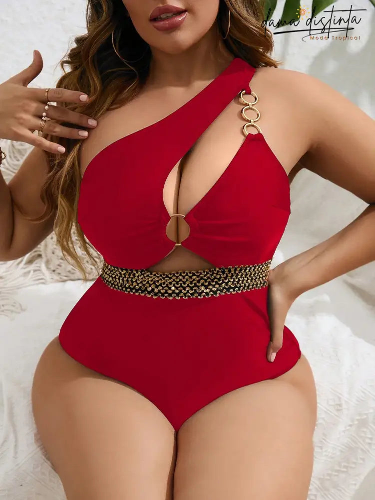 Maiô Feminino De Um Ombro Com Detalhe Em Argolas Ane. Plus Size Vermelho / Gg (42-46) P019 Uma Peça